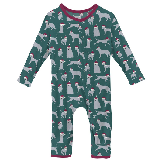 Print Coverall with Snaps: Cedar Santa Dogs