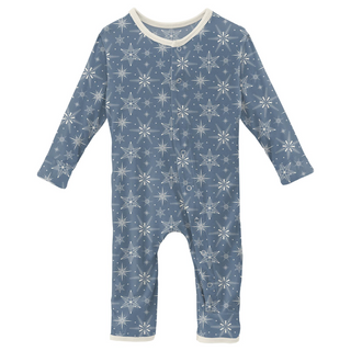 Print Coverall with Snaps: Parisian Blue Snowflakes