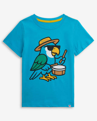 Carnival Parrot Teal Graphic Short Sleeve Tee – Boys 100% Cotton T-Shirt