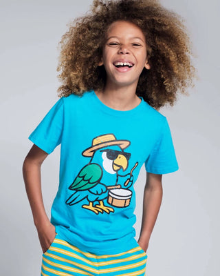 Carnival Parrot Teal Graphic Short Sleeve Tee – Boys 100% Cotton T-Shirt