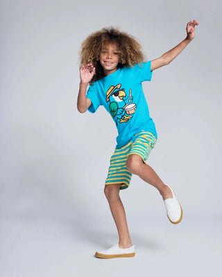Carnival Parrot Teal Graphic Short Sleeve Tee – Boys 100% Cotton T-Shirt