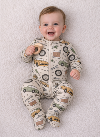 Miller & Co. Mechanic Bamboo Two-Way Zipper Footie – Car & Tool Print