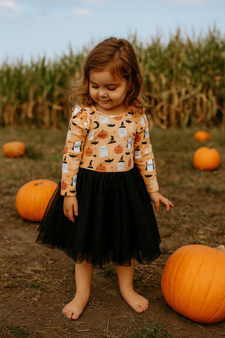 Boo-Tastic Glow-in-the-Dark Halloween Flutter Long Sleeve Tulle Twirl Dress