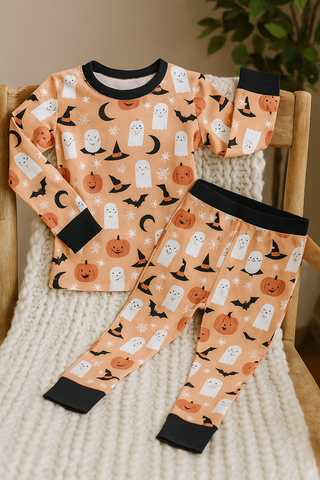 Boo-Tastic Glow-in-the-Dark Halloween Two-Piece Bamboo Long Sleeve Kids Pajama Pants Set