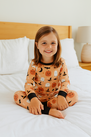 Boo-Tastic Glow-in-the-Dark Halloween Two-Piece Bamboo Long Sleeve Kids Pajama Pants Set