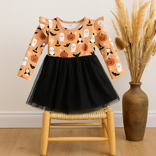Boo-Tastic Glow-in-the-Dark Halloween Flutter Long Sleeve Tulle Twirl Dress
