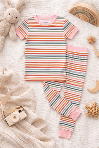 Sunset Stripe Two-Piece Bamboo Short Sleeve Pajama Kids Pants Set