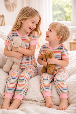 Sunset Stripe Two-Piece Bamboo Short Sleeve Pajama Kids Pants Set