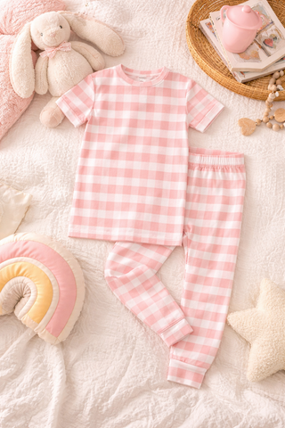 Pink Gingham Two-Piece Bamboo Short Sleeve Pajama Kids Pants Set