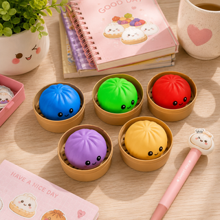 Mini Mystery Steam Bun Dumpling Squishy Toy – Collectible Sensory Fidget in Mini Bamboo Basket | Soft Squeeze Toy for Stress Relief, Focus & Calm