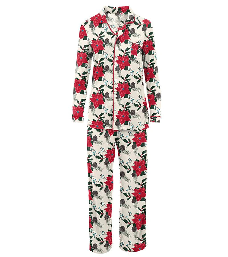 Kickee Pants Women's Print Long Sleeve Collared Pajama Set: Christmas Floral