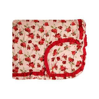 Double Ruffle Double Layer Throw Blanket in Baby Rose Holiday Floral