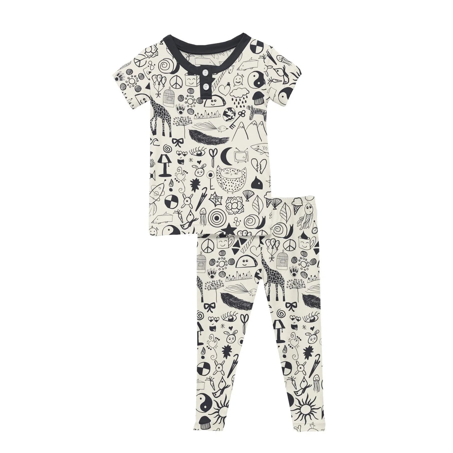 Kickee Pants Print Short Sleeve Luxe Henley Pajama Set: Doodles