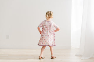 Short Sleeve Swing Dress in Shrinking Violet Balloon Dogs