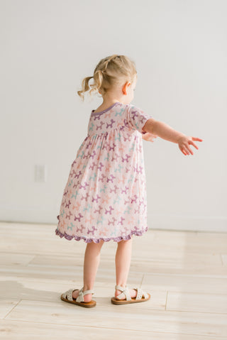 Short Sleeve Swing Dress in Shrinking Violet Balloon Dogs