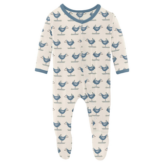 Print Footie with Snaps: Natural Ski Birds