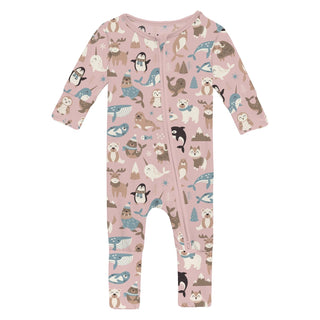 Baby pink coverall with animal pattern on a white background