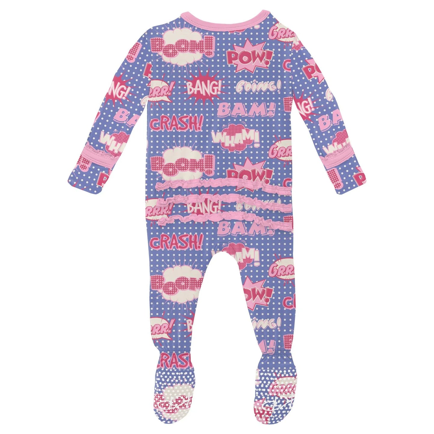 Kickee Pants Print Muffin Ruffle Footie with Zipper: Forget Me Not Comic Onomatopoeia