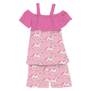 Bamboo Print Off-Shoulder Outfit Set: Cake Pop Prancing Unicorn