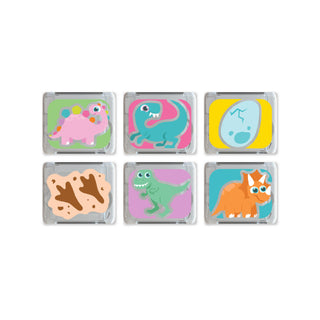Set of six colorful dinosaur-themed light up cubes on a white background