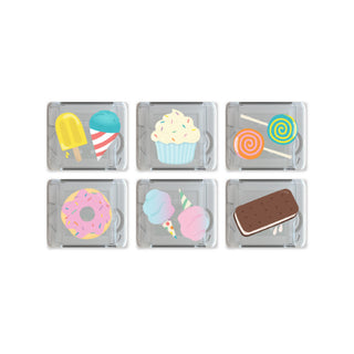 Set of six light up cubes with colorful illustrations of ice cream, a cupcake, a lollipop, a donut, a cotton candy, and a ice cream sandwich on a white background.