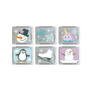 Set of six small square light up cubes with winter-themed illustrations on a white background