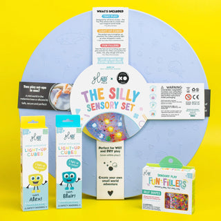 Silly Sensory Set packaging with various components on a yellow background