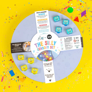 Silly sensory set packaging with colorful shapes on a yellow background