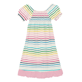 Print Short Sleeve Gathered Dress Happy Stripe