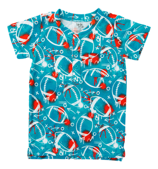 Graffiti Football Henley T-Shirt: Aqua & Orange