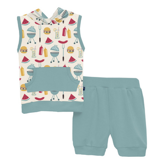 Print Short Sleeve Hoodie Tank Outfit Set Natural BBQ