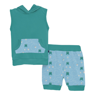 Print Short Sleeve Hoodie Tank Outfit Set Seaside Blue Frogs & Flies