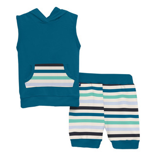 Bamboo Print Short Sleeve Hoodie Tank Outfit Set: Little Boy Blue Stripe