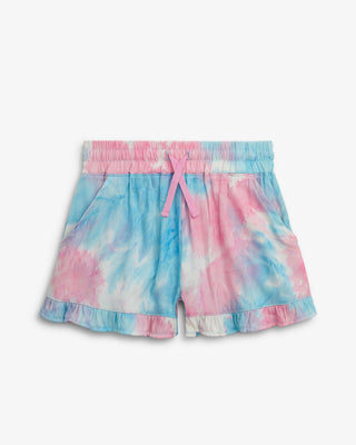 Pink & Blue Tie Dye Natalie Shorts – Girls Ruffle Summer Shorts with Adjustable Drawstring