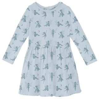 Print Long Sleeve Twirl Dress with Pockets: Illusion Blue Forest Fairies