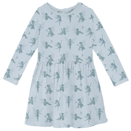 Print Long Sleeve Twirl Dress with Pockets: Illusion Blue Forest Fairies