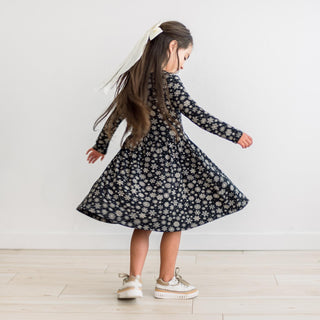 Long Sleeve Twirl Dress with Pockets in Chalkboard Snowflakes