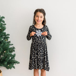 Long Sleeve Twirl Dress with Pockets in Chalkboard Snowflakes