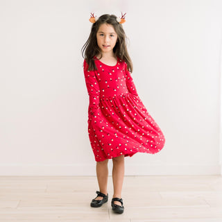 Long Sleeve Twirl Dress with Pockets in Crimson Holiday Lights
