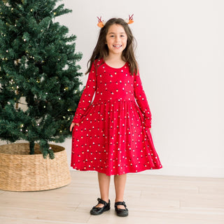 Long Sleeve Twirl Dress with Pockets in Crimson Holiday Lights