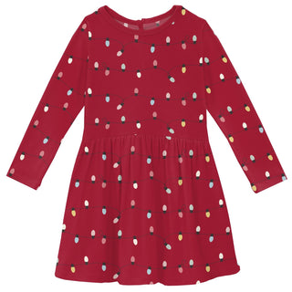Long Sleeve Twirl Dress with Pockets in Crimson Holiday Lights