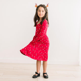 Long Sleeve Twirl Dress with Pockets in Crimson Holiday Lights