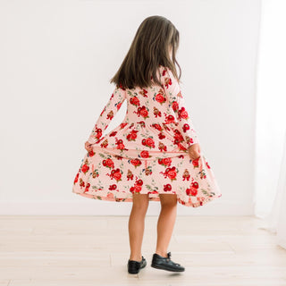 Long Sleeve Twirl Dress with Pockets in Baby Rose Holiday Floral