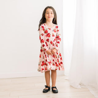 Long Sleeve Twirl Dress with Pockets in Baby Rose Holiday Floral
