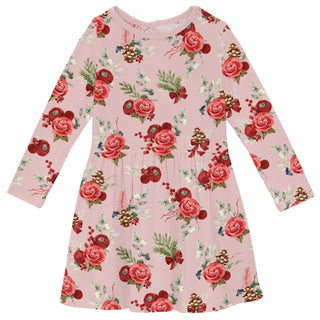 Long Sleeve Twirl Dress with Pockets in Baby Rose Holiday Floral
