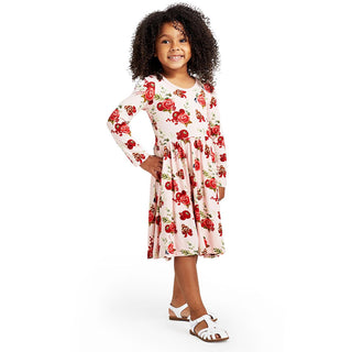 Long Sleeve Twirl Dress with Pockets in Baby Rose Holiday Floral