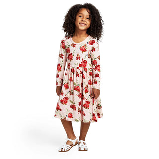Long Sleeve Twirl Dress with Pockets in Baby Rose Holiday Floral