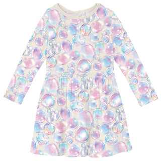 Long Sleeve Twirl Dress with Pockets in Natural Bubbles