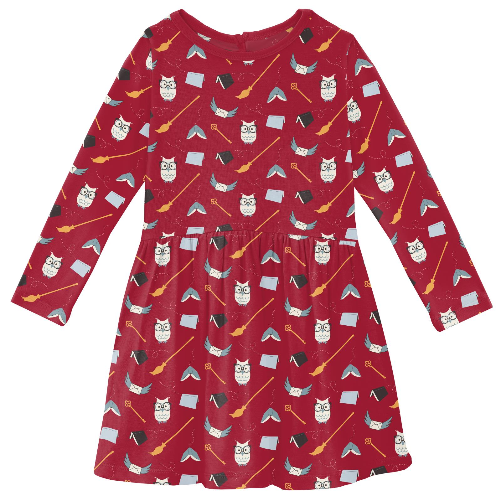 Print Long Sleeve Twirl Dress with Pockets in Crimson Magical World 2T