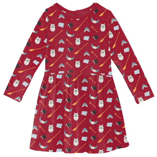 Print Long Sleeve Twirl Dress with Pockets: Crimson Magical World